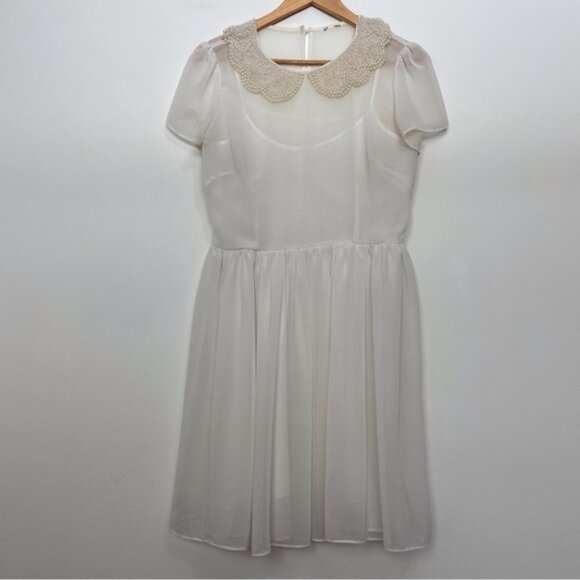 Amazing pearl white dress beaded embellishments off white short sleeves sheer M - Picture 13 of 13